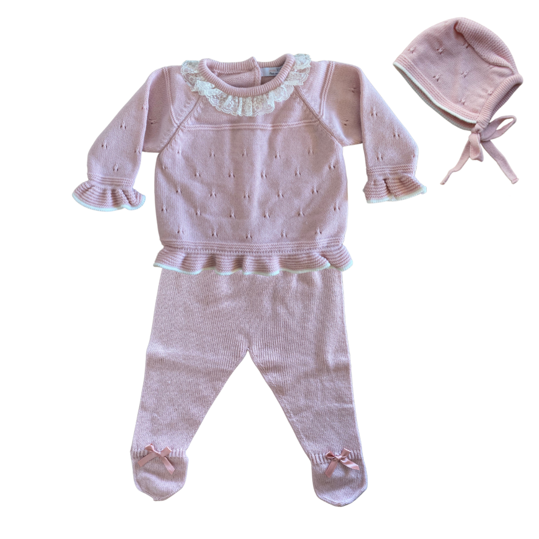 Conjunto bebé canastilla de punto y encaje de tres piezas - Amapuches