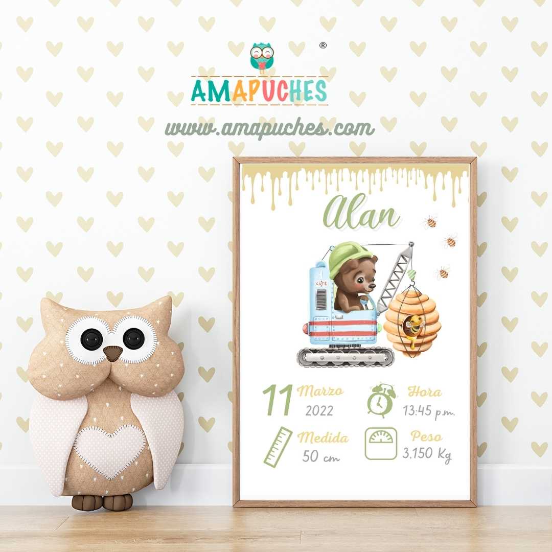Póster minimalista para la habitación del bebé. Modelo Osito en Grúa - Amapuches