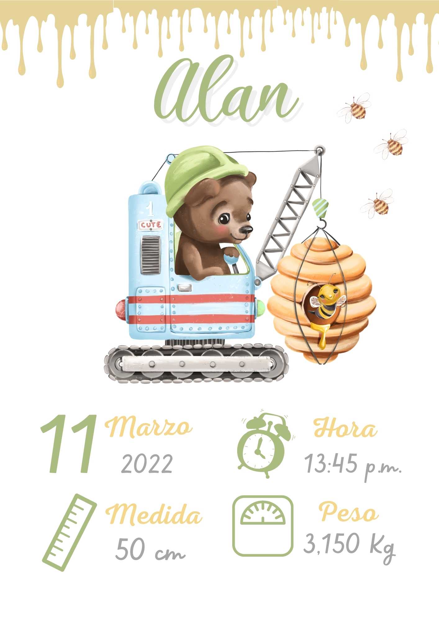 Póster minimalista para la habitación del bebé. Modelo Osito en Grúa - Amapuches