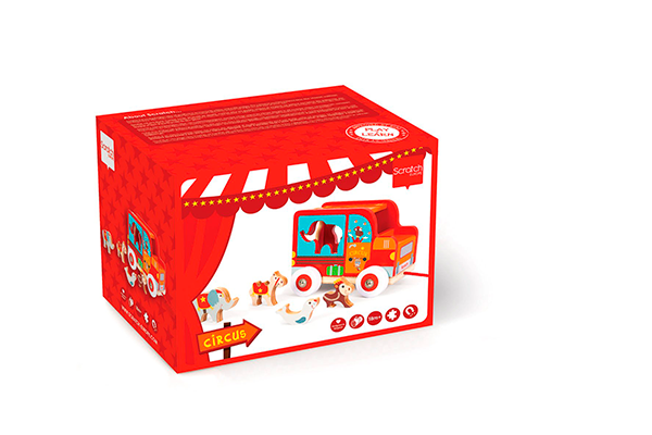 Camión de arrastre de madera rojo con animales del circo - Amapuches