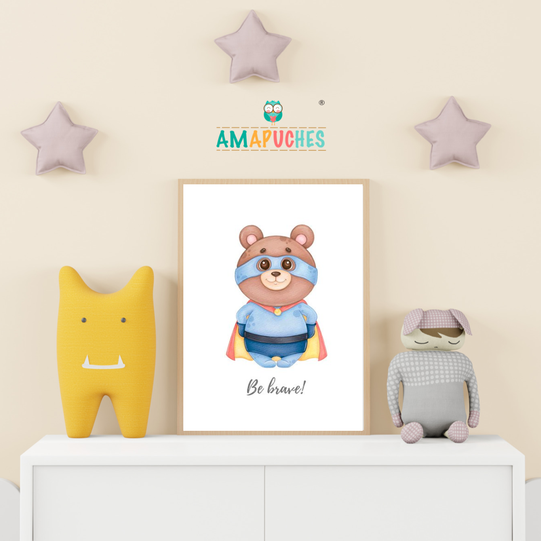 Póster minimalista para la habitación del bebé. Modelo Oso Be Brave - Sé valiente - Amapuches