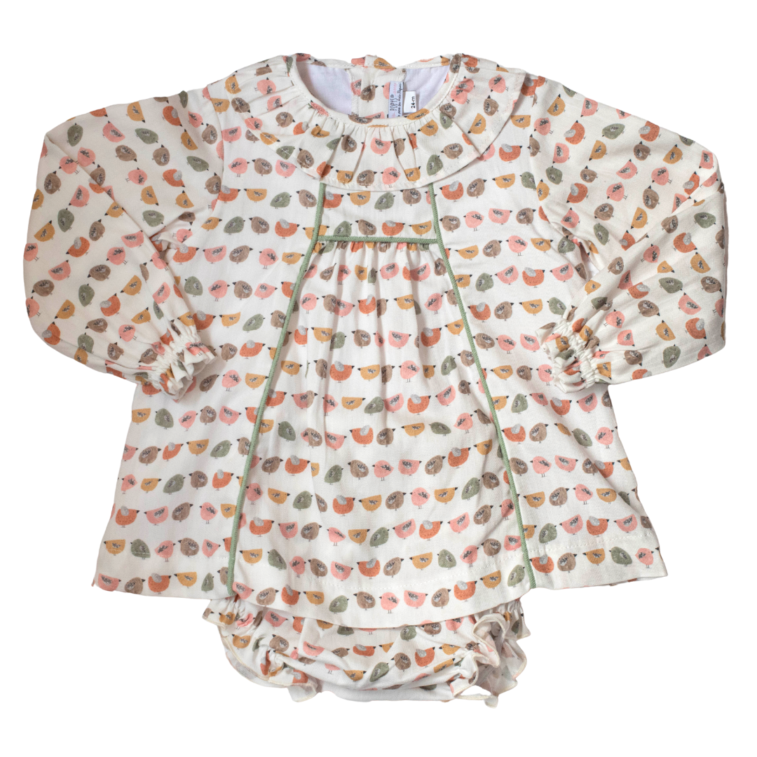 Conjunto pajaritos bebé niña vestido manga larga y cubrepañal - Amapuches
