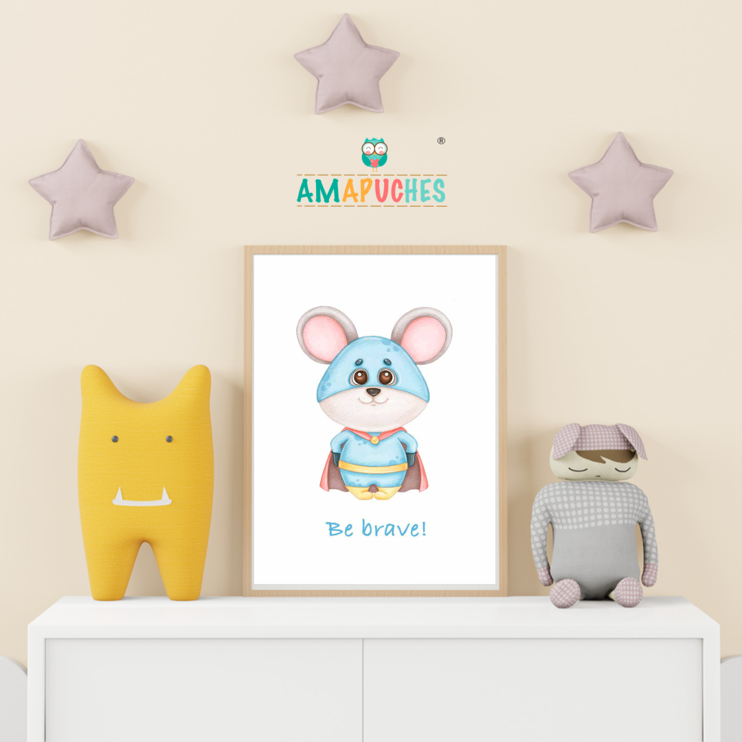Póster minimalista para la habitación del bebé. Modelo Ratón Be Brave - Sé valiente - Amapuches
