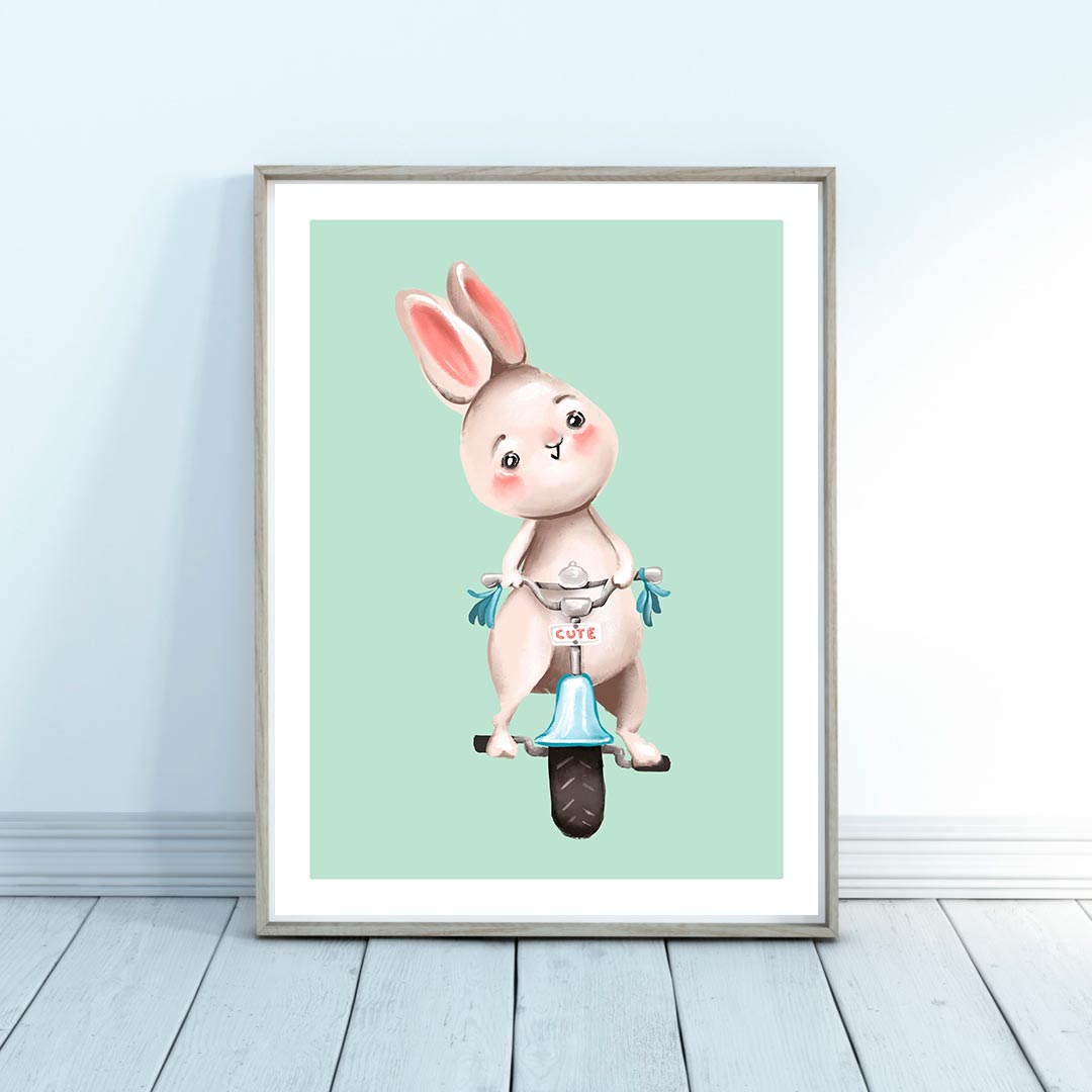 Póster minimalista para la habitación del bebé. Modelo Conejo Motorista - Amapuches