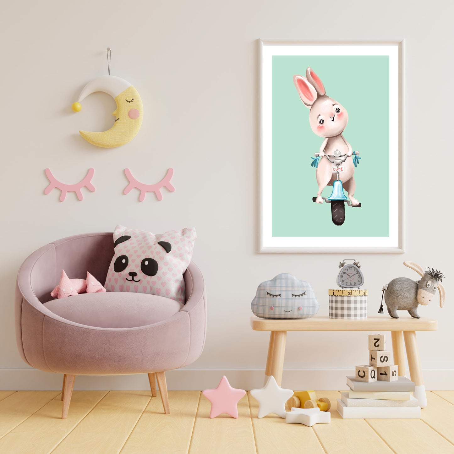 Póster minimalista para la habitación del bebé. Modelo Conejo Motorista - Amapuches