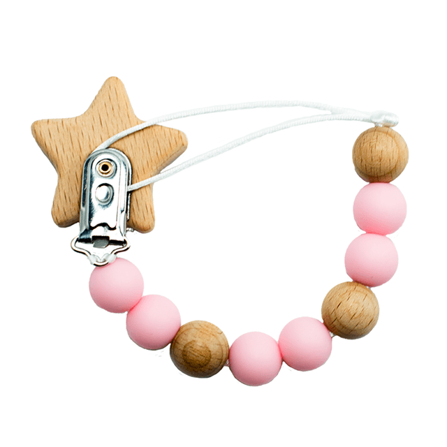 Chupetero bebé de silicona y madera rosa con clip extrafuerte - Amapuches